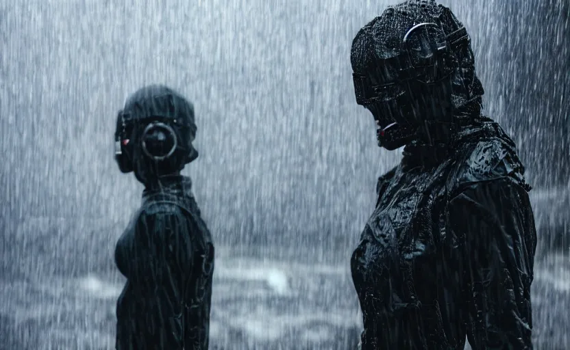 Prompt: cinestill 5 0 d candid photographic portrait by christopher nolan of two loving female androids wearing rugged black mesh techwear in treacherous waters, extreme closeup, modern cyberpunk moody emotional cinematic, pouring rain menacing lights, 8 k, hd, high resolution, 3 5 mm, f / 3 2, ultra realistic faces, ex machina