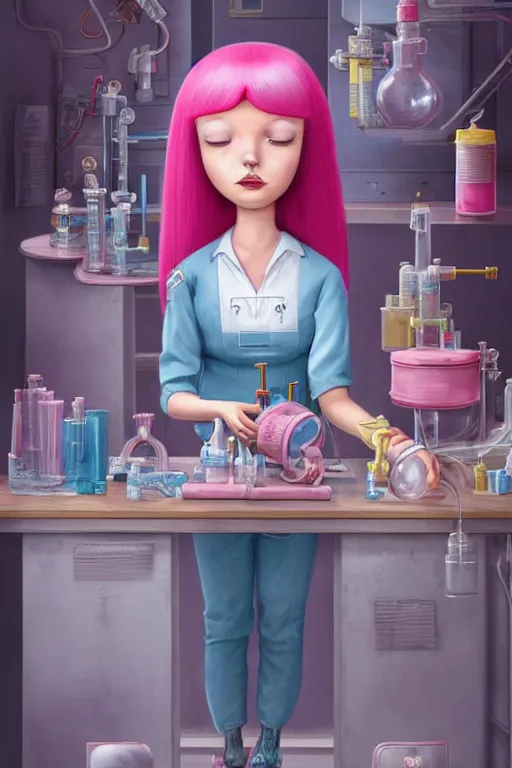 Prompt: highly detailed, industrial photograph profile photo of adult princess bubblegum from adventure time, detailed and intricate environment, working in her science lab, wearing lab coat, long bubblegum hair, long straight bangs, confident, beautiful, attractive, illustration concept art by nicoletta ceccoli, mark ryden, lostfish, 8 k resolution, hyperrealistic, octane render