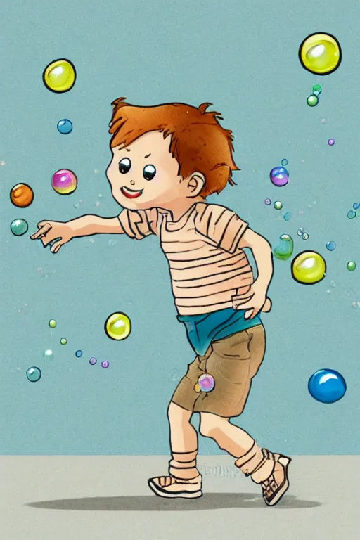 Prompt: a little boy with ginger hair chasing bubbles. clean elegant simple illustration, beautiful detailed face.