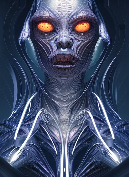 Image similar to symmetry!! portrait of grotesque alien, sci - fi!!, glowing lights!!, intricate, elegant, dark design, highly detailed, dark lighting, digital art, digital painting, artstation, sharp focus, illustration, art by artgerm and h r giger and greg rutkowski and alphonse mucha, 8 k