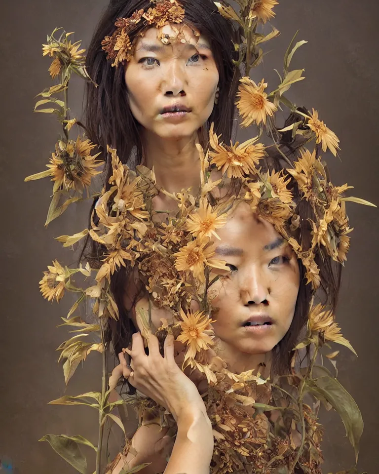 Prompt: a professional portrait of the Sunflower Goddess, tribal and wild Chinese woman, olive skin, beautiful bone structure, symmetrical facial features, intricate, elegant, digital painting, concept art, smooth, sharp focus, illustration, art style by Ruan Jia and Mandy Jurgens and Artgerm and William-Adolphe Bouguerea