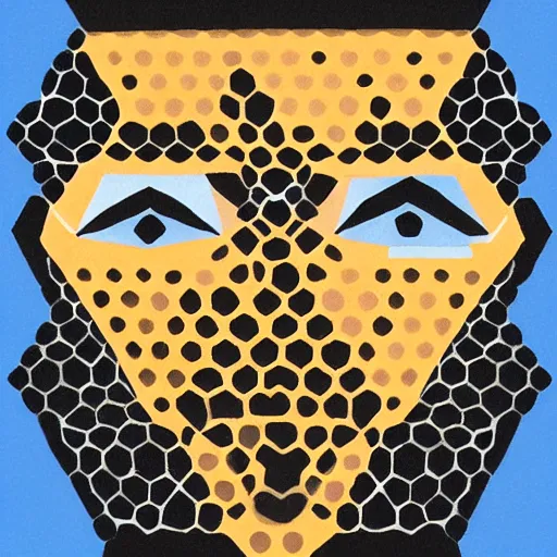 Image similar to face portrait of a woman, hexagon polygon, bees