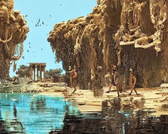 Image similar to a herd of centuars walking by abandoned greek architecture in shallow water, in a cave by the water, digital art, illustrated by james gurney and victo ngai