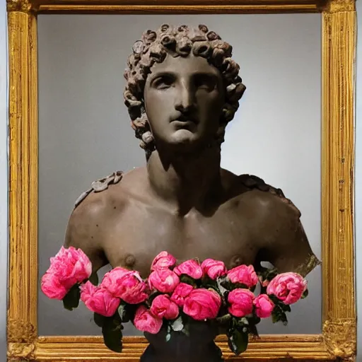 Image similar to portrait of a greek statue covered in roses