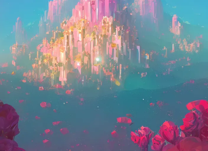 Image similar to shimmering crystal city made of diamond and rose quartz with gold decoration, sparkling in the sunlight, surrounded by flowers. trending on artstation, by anton fadeev.