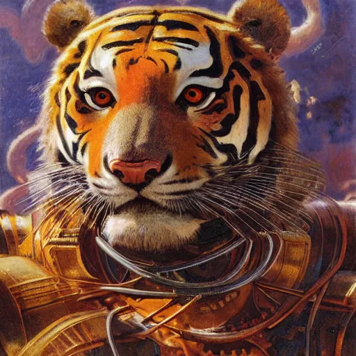 Image similar to highly detailed portrait of a robotic humanoid tiger mecha, painting by gaston bussiere, craig mullins, j. c. leyendecker, lights, art by ernst haeckel, john william godward, hammershøi, alex grey, dmt