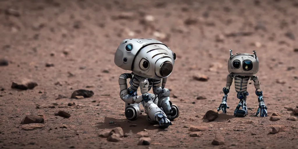 Prompt: high quality presentation photo of cute alien robots on mars, photography 4k, full body, f1.8 anamorphic, bokeh, 4k, Canon, Nikon