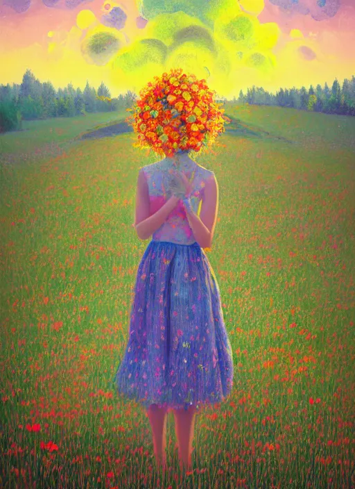 Image similar to girl with flower dress, standing in a field with flowers in the air, hills, big trees, sunrise dramatic light, impressionist painting, colorful clouds, digital painting, pointillism, artstation, simon stalenhag, flower head