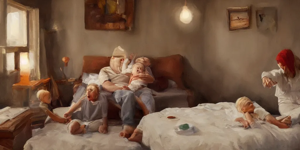 Image similar to family sick with the flu, ultra realistic, cozy, warm lighting, high art, oil painting, 8 k resolution