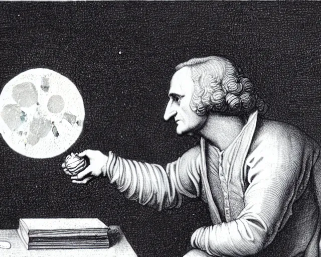 Image similar to isaac newton holding an apple in his hands and looking at the moon