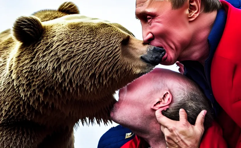 Image similar to vladimir putin kisses a bear, french kiss, lovely kiss, kiss mouth to mouth, romantic, emotional, love scene, insane details, clear face and eyes, textured, 8 k, professional photography, animal world, discovery channel