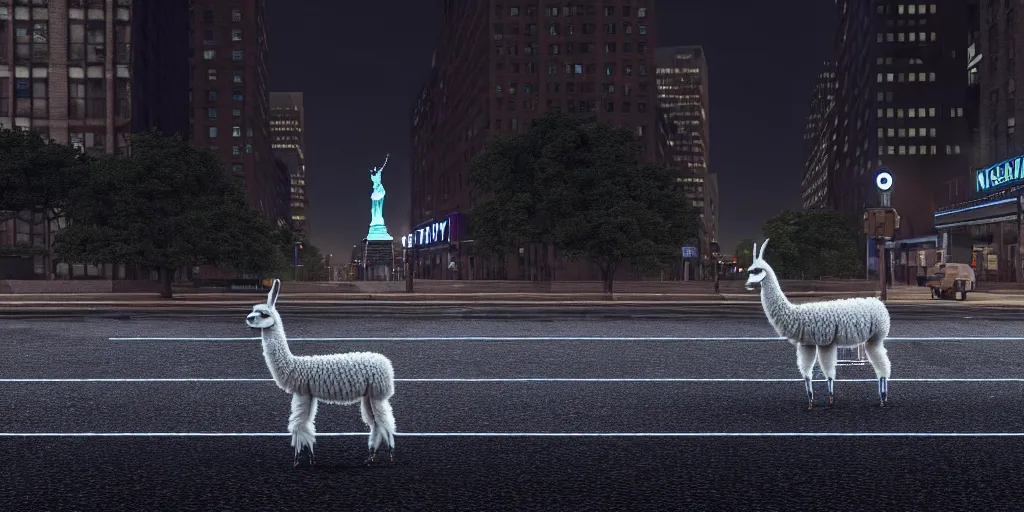 Image similar to a llama walking through a desolate manhattan city street at night, statue of liberty seen in the background, realistic 4 k octane beautifully detailed render, 4 k post - processing, highly detailed, detailed face, intricate complexity, epic composition, magical atmosphere, cinematic lighting, masterpiece, color picture, ultra hd