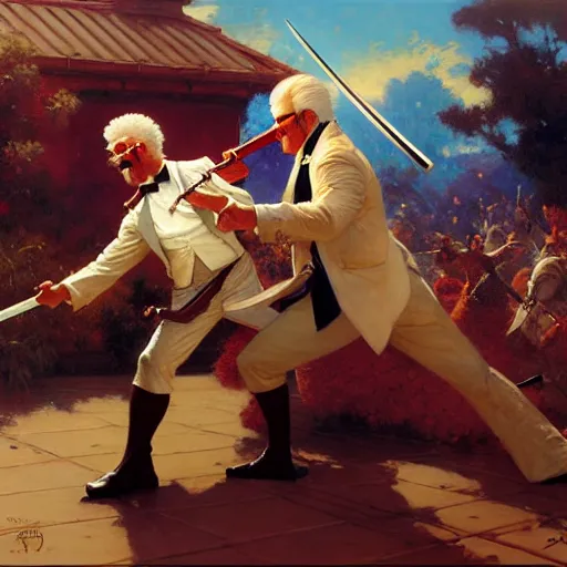 Image similar to colonel sanders with katana fighting donald mcdonald with gun, highly detailed painting by gaston bussiere, craig mullins, j. c. leyendecker, 8 k