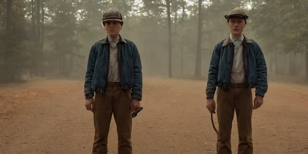 Image similar to tomas shelby in stranger things with eleven in hawkins, detailed, high resolution