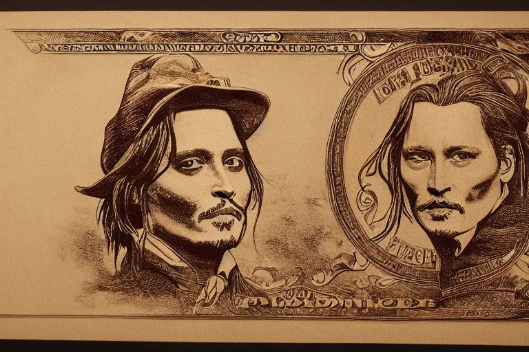Image similar to An engraved portrait of Johnny Depp , detailed!!! copper-plate engraving in the style of money bills, fine!!! lines, engraved by Alfred Sealey, Bureau of Engraving and Printing