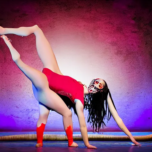 Prompt: a cute young female performer in cirque du soleil is doing an extreme contortionist pose. professional promotional photography.