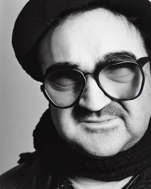 Image similar to headshot of john belushi wearing a leather ushanka and aviator goggles, he is also wearing an a 2 flight jacket, a long white scarf is wrapped around his neck, he has a 5 o'clock shadow, a crazed angry look on his face