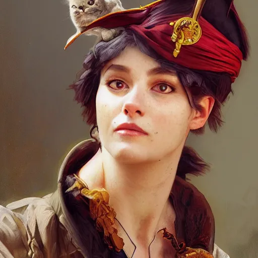 Image similar to Portrait of a Cat as a Pirate, photo, highly detailed oil painting, photorealistic, highly detailed, digital painting, artstation, concept art, smooth, sharp focus, illustration, art by artgerm and greg rutkowski and alphonse mucha