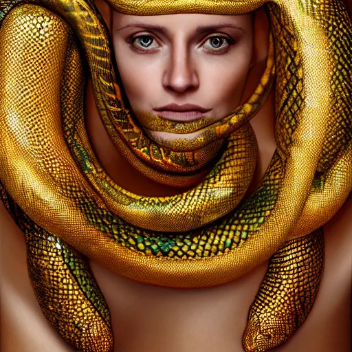 Image similar to snake man, up portrait with her body wrapped in gold scales, hyper photo realistic 8K HD HDRI, photo by Annie Leibovitz