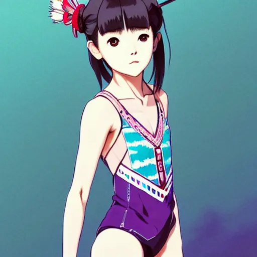 Image similar to a beautiful boyish japanese emma watson alluring instagram model, wearing elegant japanese hiphop leotard outfit with subtle mayan patterns and native fashion, aztec street fashion bathing suit, jrpg fashion, gapmoe yandere grimdark, trending on pixiv fanbox, painted by greg rutkowski makoto shinkai takashi takeuchi studio ghibli, akihiko yoshida