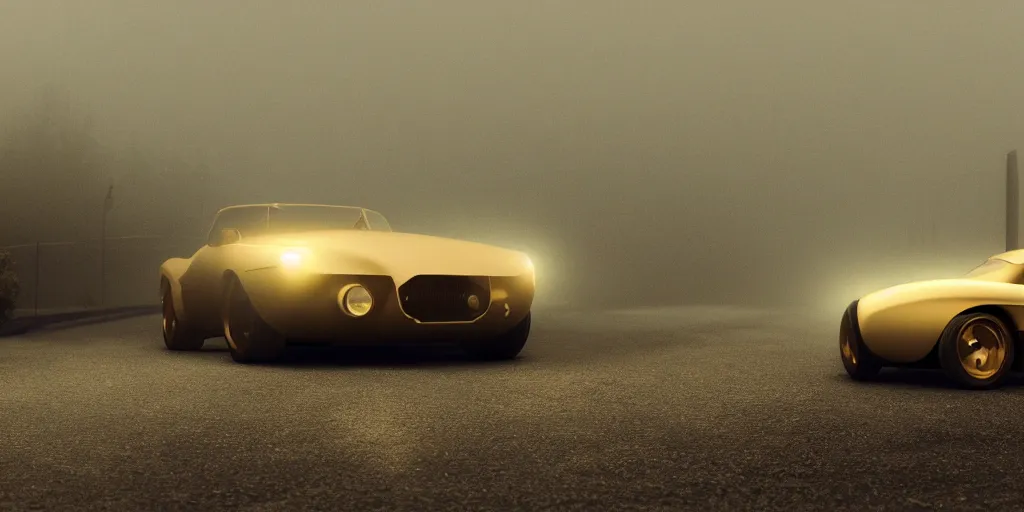 Image similar to parked fallout 5, retro futuristic vintage polished sports car, fog, rain, volumetric lighting, beautiful, golden hour, sharp focus, highly detailed, cgsociety