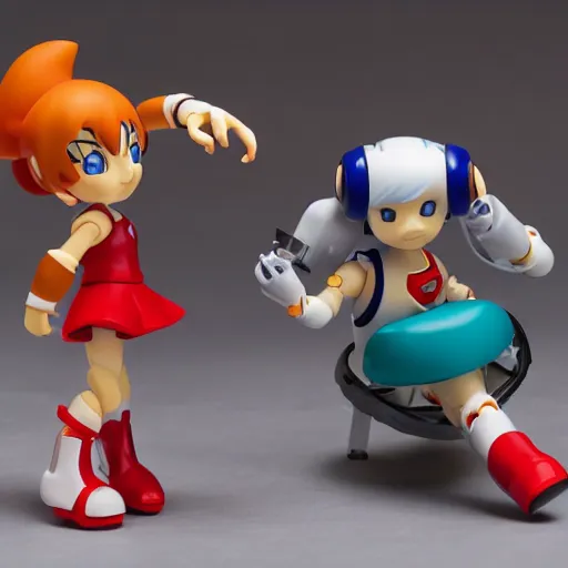 Image similar to photo of figma figures in a diorama : : roll is repairing computers in dr. light's laboratory. roll is a cute female ball - jointed robot ( in the style of mega man ) who has blonde hair with bangs and a ponytail tied with a green ribbon. she is wearing a red one - piece dress with a white collar, and red boots.