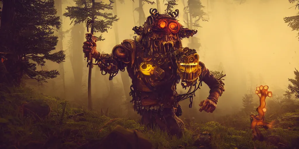 Prompt: woodsman wearing a steampunk and neonpunk mechanical fluorescent mystical animal mask in strange misty rocky landscape fight with werewolf, night, realism in style of fornite game, 4 k, octane render, award winning photograph, epic cinematic shot, perfectly defined features, ambient occlusion