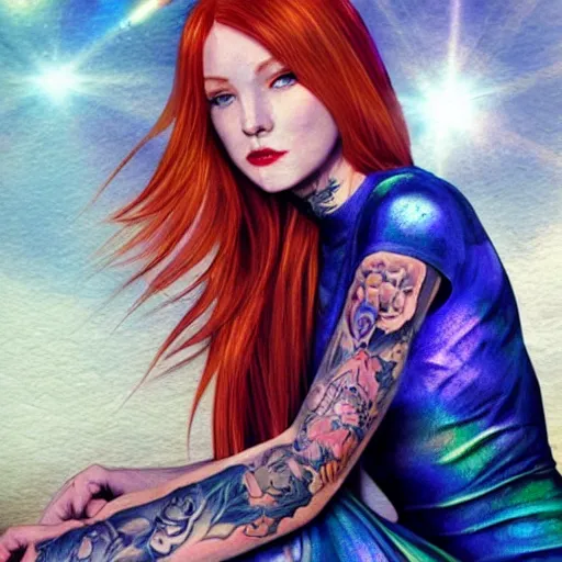 Image similar to a full body portrait of a beautiful tattooed redhead woman sitting, with a gun, a planet in the background. blue tight dress, light iridescent color, long windy hair style, fantasy, realistic, intricate, sharp focus, lens flare, bloom, rim light, illustration, highly detailed, digital painting, concept art, matte, art by ruan jia