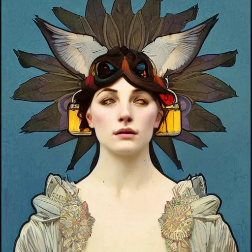 Image similar to Portrait of anthropomorphic Pigeon. Beautiful digital art by Greg Rutkowski and Alphonse Mucha. pigeon head