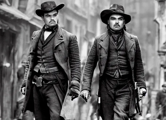 Image similar to an action scene from the movie gangs of new york, medium long shot, leonardo dicaprio and daniel day - lewis, sharp eyes, serious expressions, detailed and symmetric faces, black and white, cinematic, epic,