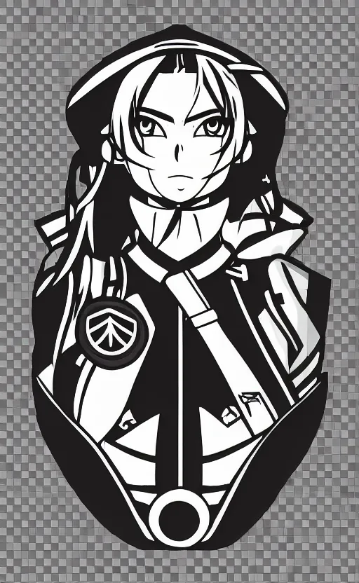 Prompt: shoulder patch design, soldier girl, anime style, clean logo design, military flight squadron insignia, no text, soldier clothing, realistic military gear, 70mm, inspired by famous brands, made in photoshop, no background, vector line art, by professional designer, intricate, realistic human anatomy, meme culture, highly detailed, high resolution, for printing, contrast colors, realistic weapon, realistic military carrier