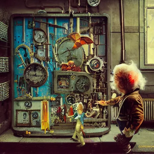 Image similar to Graffiti Spraypaint A gnome gnome riding a steampunk automaton clockwork golem golem jim lambie norman rockwell greg rutkowski alberto sughi elina brotherus robert rauschenberg tombow