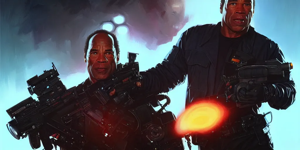 Image similar to oj simpson as the terminator, cinematic, highly detailed, digital painting, artstation, concept art, matte, sharp focus, illustration, art by artgerm and greg rutkowski and alphonse mucha