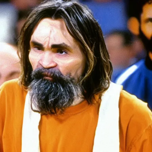 Prompt: nba television footage depicting charles manson coaching the golden state warriors