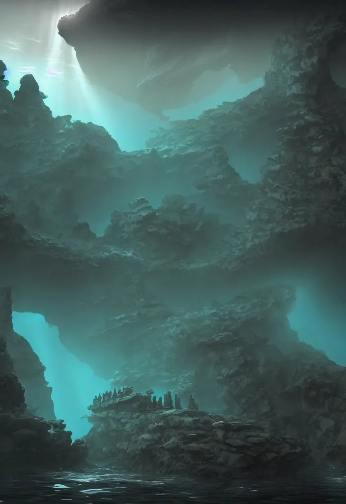 Image similar to low ultrawide shot, dark, underwater statues, submerged pre - incan temple with carvings, abyss, stylized, anime style mixed with fujifilm, detailed gouache paintings, crepuscular rays, dark, murky, foggy, atmospheric, artstation, cgsociety, unreal engine 5, octane render