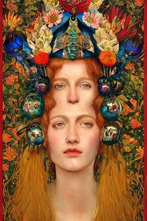 Prompt: queen of summer, by Annie Swynnerton, and Nicholas Roerich and Tino Rodriguez , elaborate headdress and embroidered velvet, iridescent beetles, rich color, dramatic cinematic lighting, extremely detailed, featured on artstation