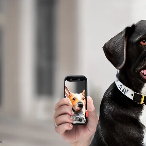 Prompt: A dog holding a phone, taking a selfie, selfie photography, photorealistic imagery, trending on artstation, 4k, 8k