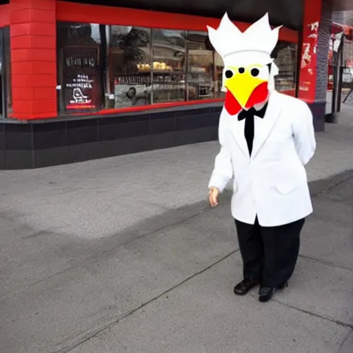 Image similar to anthropomorphic colonel sanders chicken abomination, working at kfc, real life photo,