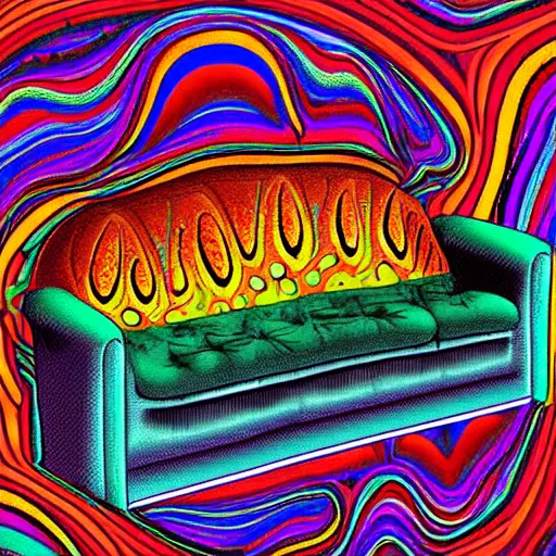 Prompt: psychedelic trippy couch in space, planets, milky way, sofa, rob zombie, arnold fischer, croissant, 1 9 9 0 grunge basement, richard parker, extremely toxic, forensic files, crazy trippy, bad trip, train with couch, chesterfield, old couch, rickety couch, stained couch