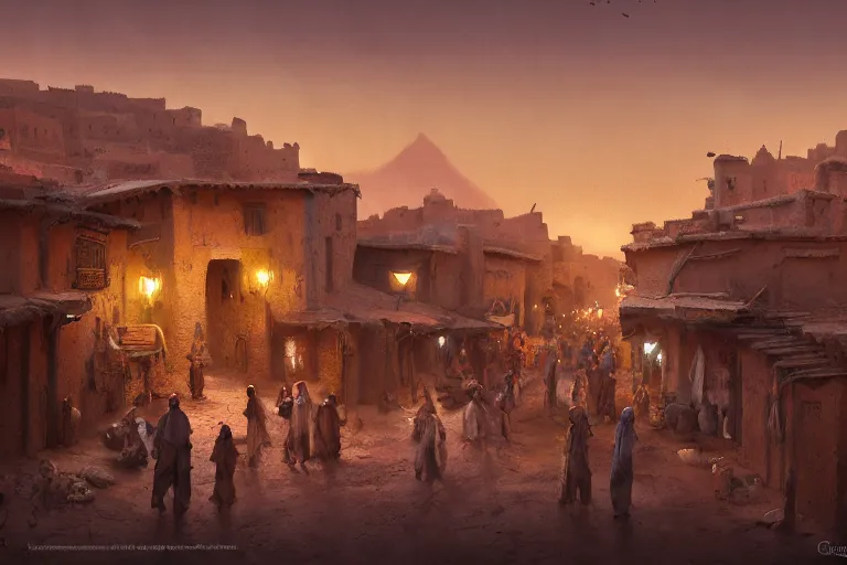 Prompt: in the middle of a adobe house kasbah town, mud and brick houses, merchant street, pueblo architecture, colorful crowd, festival. Scenic view at night, underexposed, clean horizon, matte painting by craig mullins and Anato_Finnstark, dark fantasy, style of game of thrones, concept art trending on artstation, 4k, intricate details