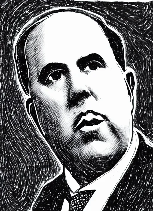 Prompt: portrait of niels bohr, penned with black ink, smooth lines, stipples, smooth, on white