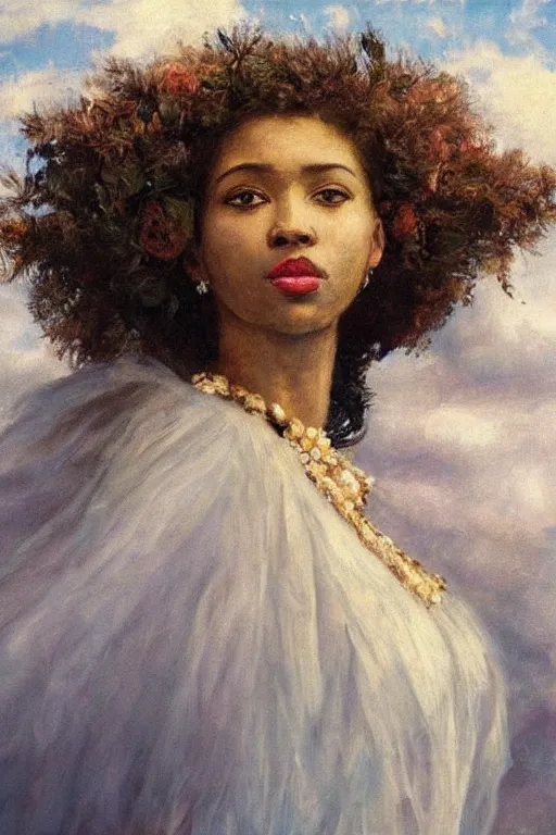 Image similar to close - up fashion afro woman portrait airy flowers cloudy sky art by vasnetsov