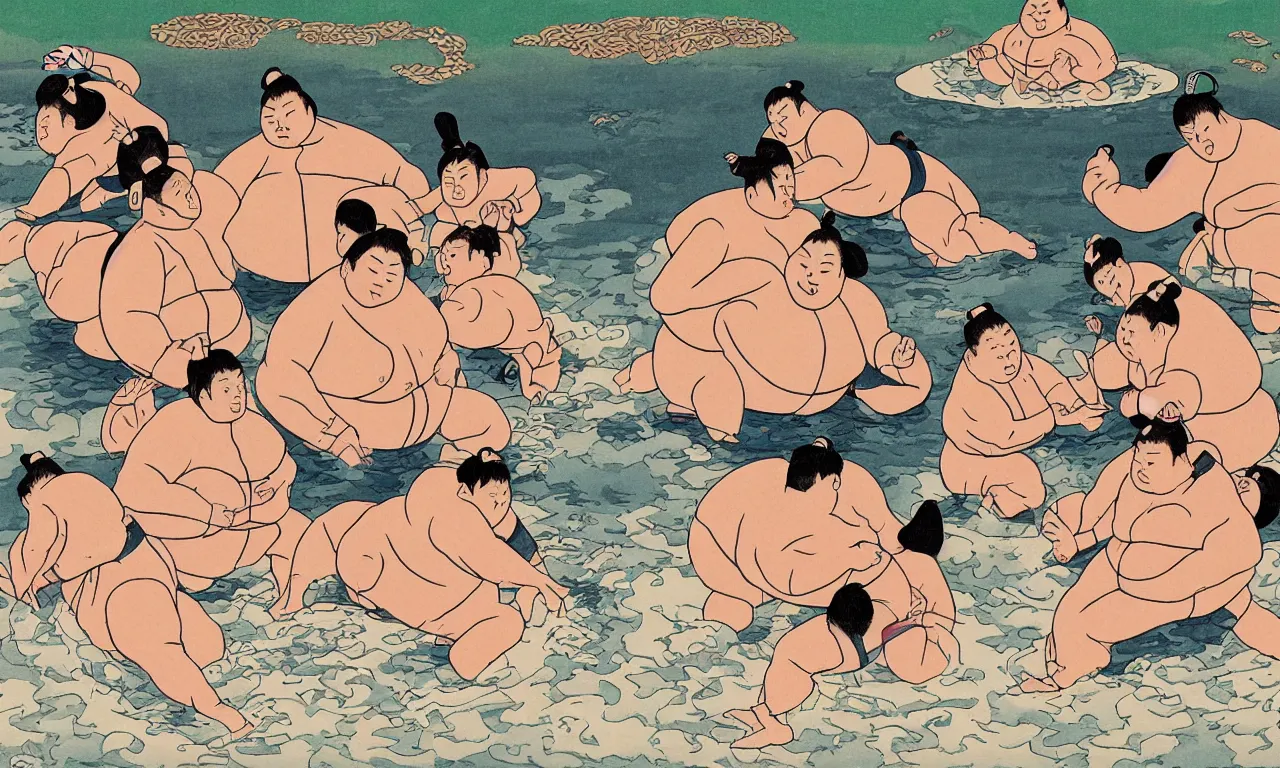 Prompt: Sumo Wrestlers Enjoy Hot Springs in Kyoto on a Summer Evening, art by Gengoroh Tagame and Yasutomo Oka