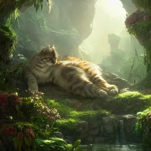 Prompt: Giant Cat resting in a cave, natural light, lush plants and flowers, elegant, intricate, fantasy, atmospheric lighting, by Greg rutkowski, league of legends splash art