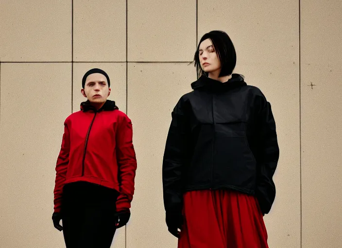 Image similar to cinestill 5 0 d closeup photographic portrait of two clones in front of a brutalist metal building, techwear women, on a desolate plain, red sky, black oversized clothes, depth of field, 4 k, 8 k, hd, full color