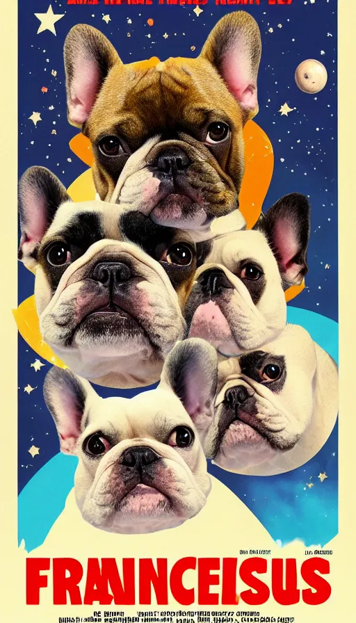 Prompt: movie poster of french bulldogs as astronauts, highly detailed, hyper realistic, large text, bright colours