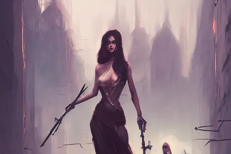 Prompt: seductive goddes holding a grim reapers tool in a modern city in the style of Durand and greg rutkowski, beautiful, geometric, trending on artstation, cinematic