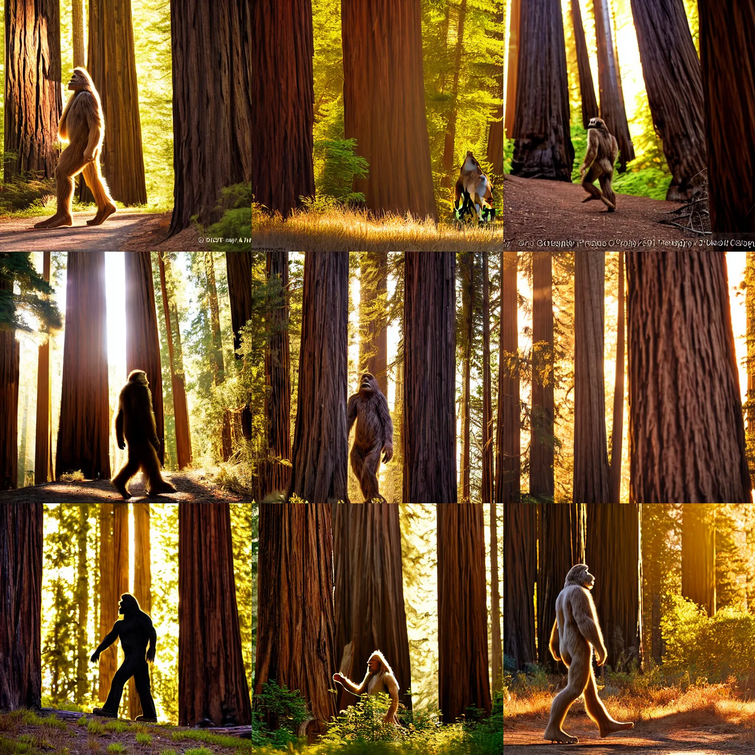 Prompt: bigfoot walking in the california redwoods, golden hour, award winning photography, 2 0 0 mm, f 2. 8, 8 k