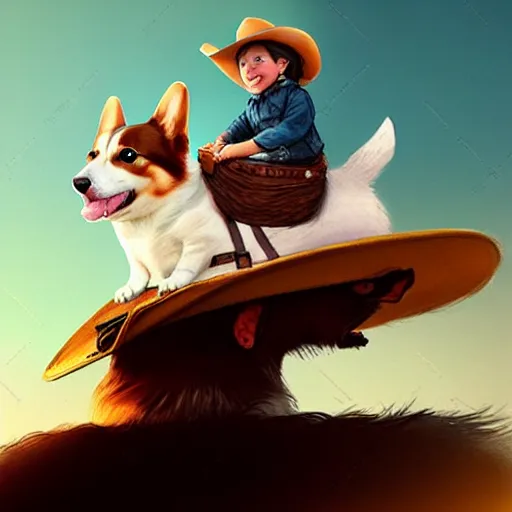 Prompt: tiny cat as a girl in cowboy hat riding on the back of a giant corgi by greg rutkowski