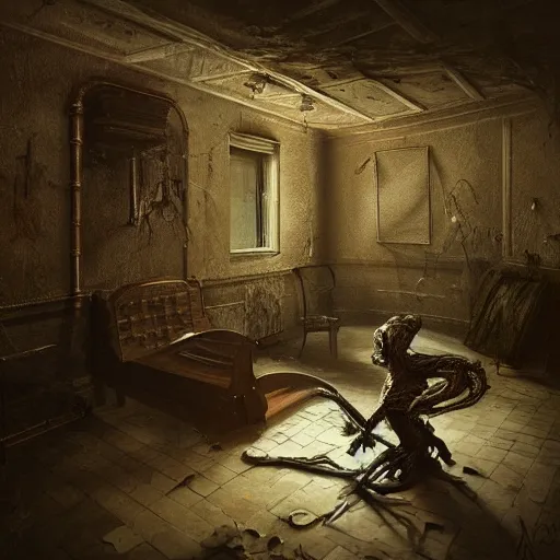 Prompt: michal karcz painting of the monster under your bed. , horror theme, detailed, elegant, intricate, 4k,